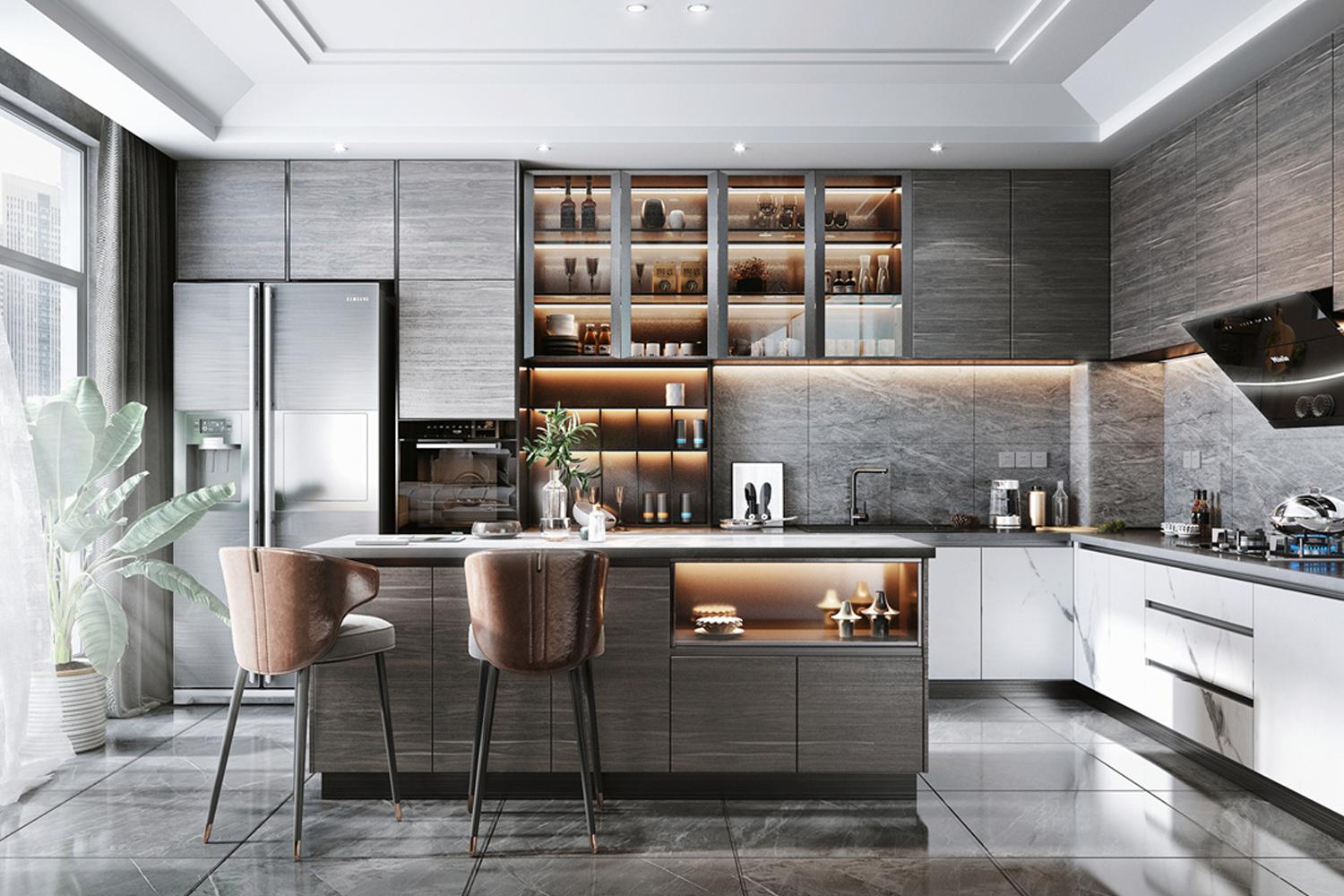 Kitchen Cabinets Custom Veneer Finish Reflective Modern Design