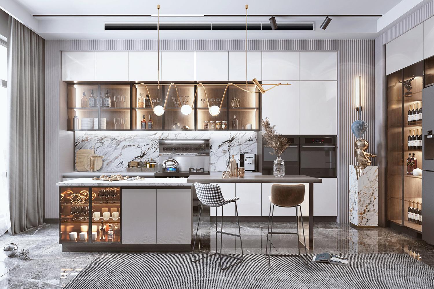 Modern Kitchen Cabinets High End Glossy Finish with Island