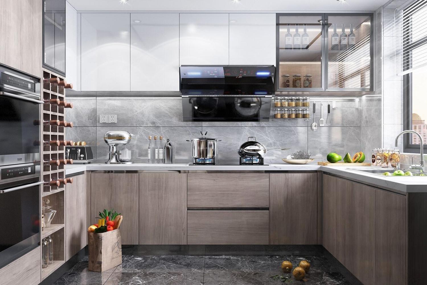 Wood Kitchen Cabinet Modern Style U-shaped Layout Elegant