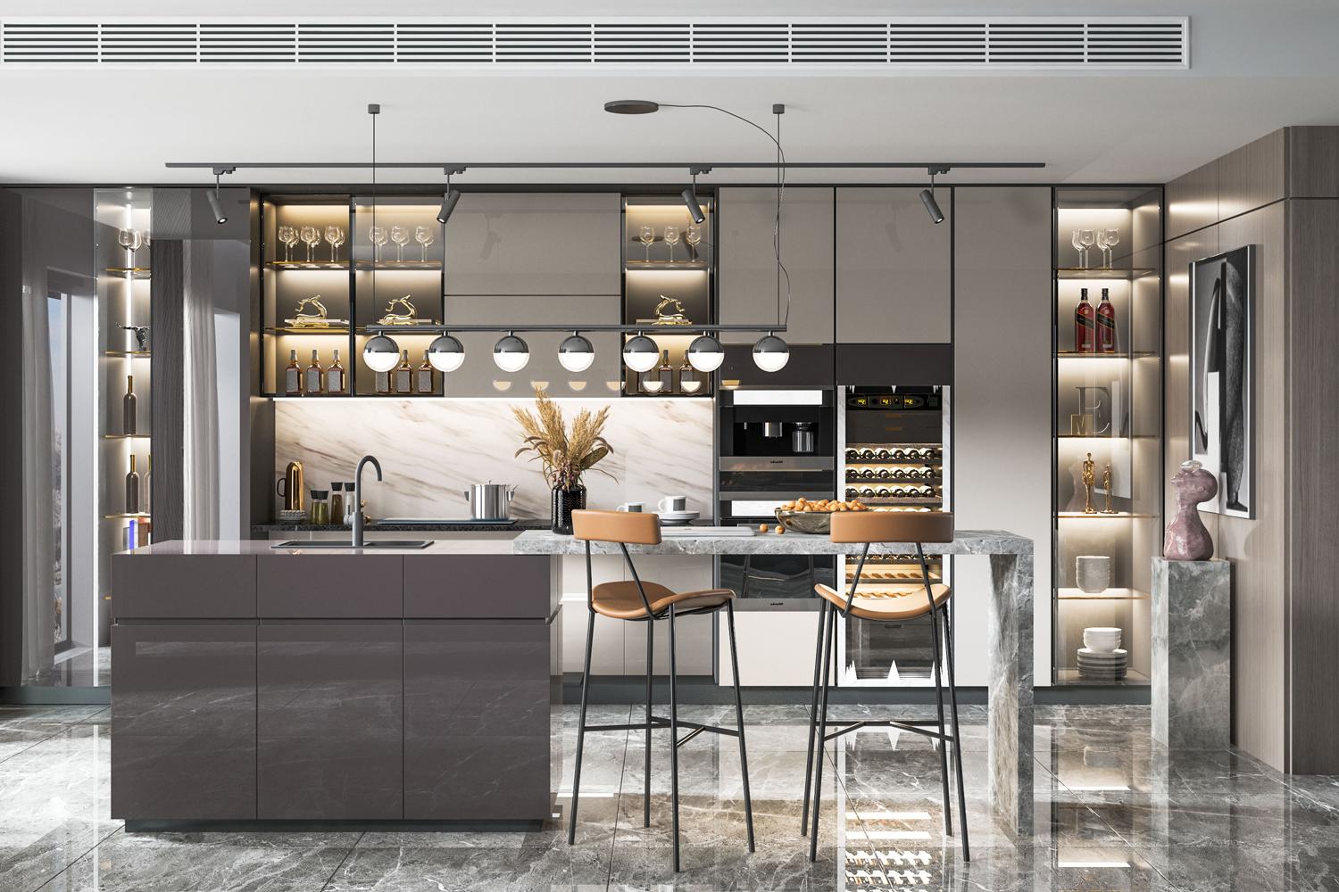 Kitchen Cabinet with Island Functional Layout Design Modern Style
