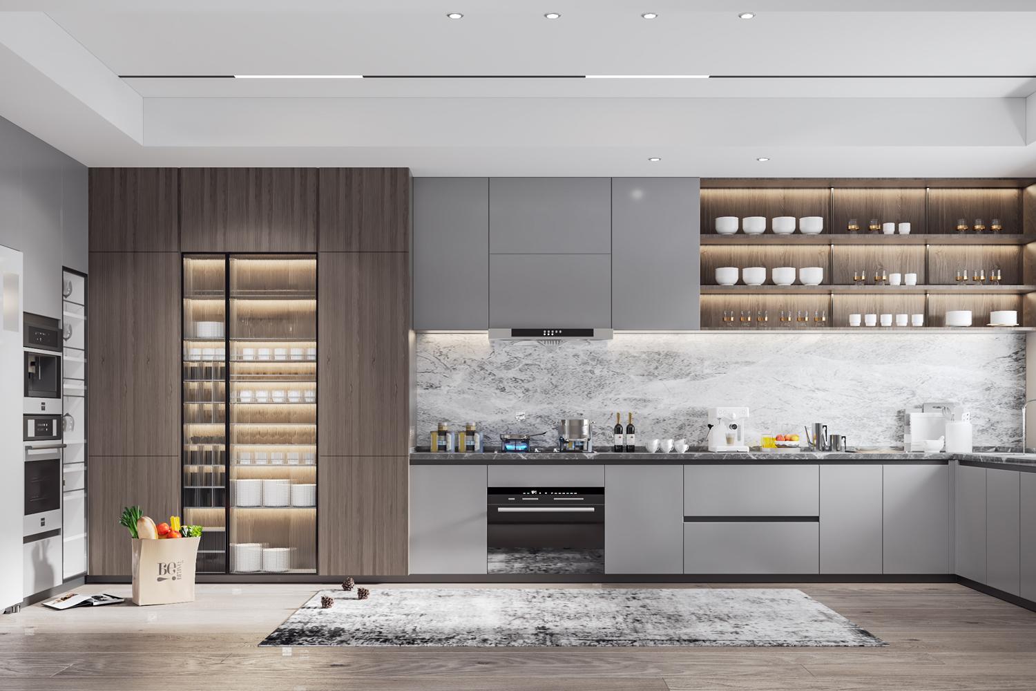 Modern Kitchen Cabinet Grey Matte Lacquer Finish Minimalist Design