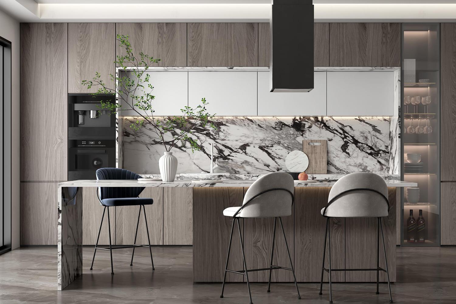 Kitchen Cabinets L-shaped Layout High-Gloss Finish Modern Style Kitchen Set