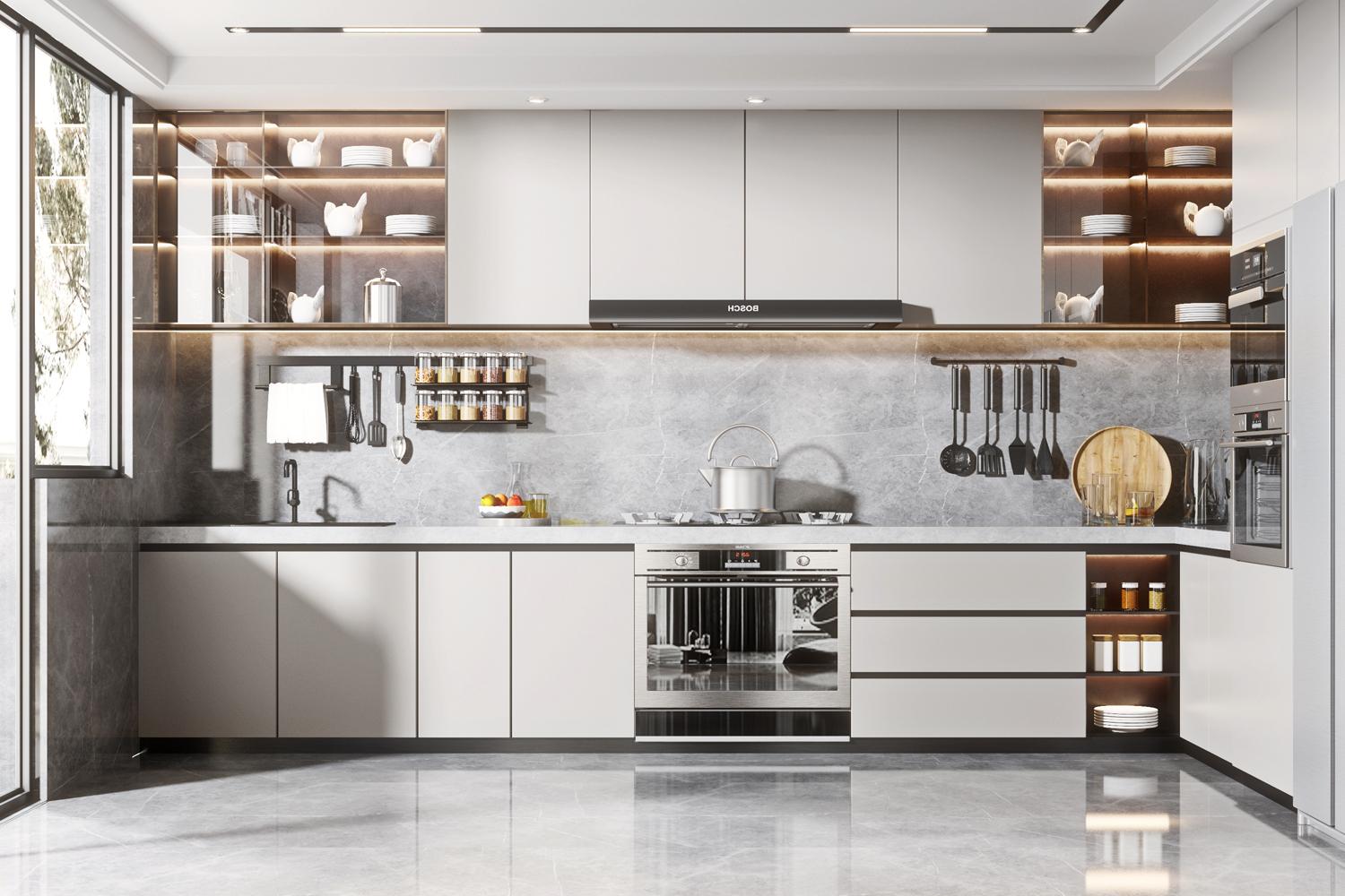 Kitchen Cabinet High Glossy Lacquer Finish L-shaped Design Cabinet