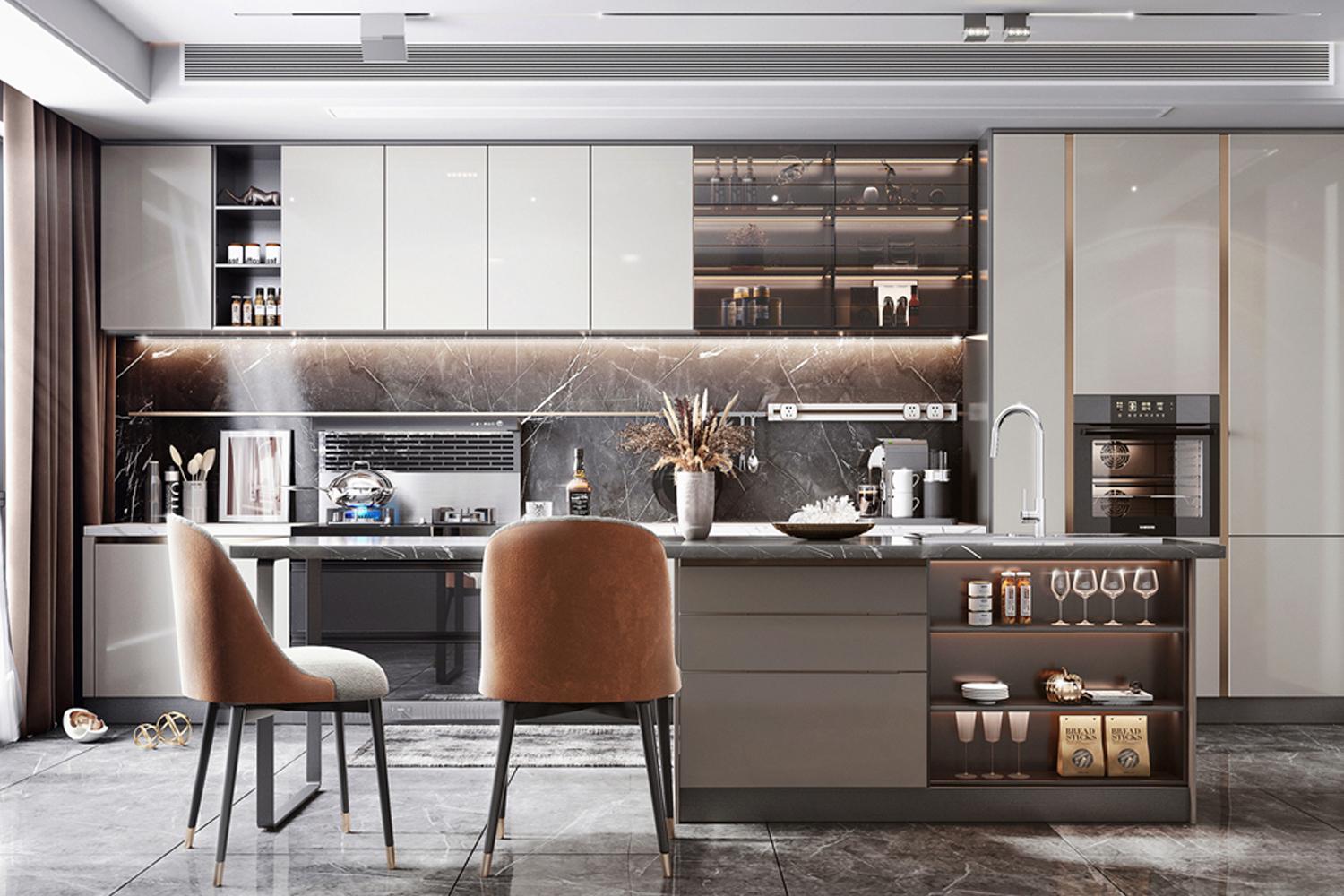 Kitchen Cabinet with Island Smooth Lacquer Finish Modern Style Durable Kitchen Unit