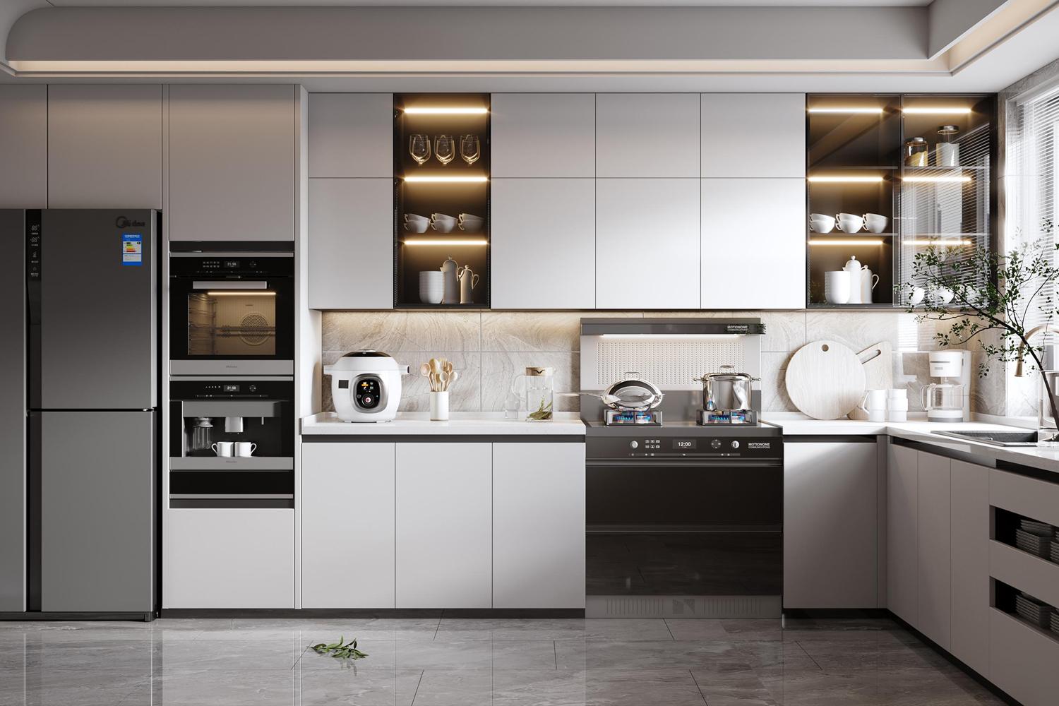 Kitchen Cabinet Smooth Lacquer Surface Modern Style L-shaped Cabinet