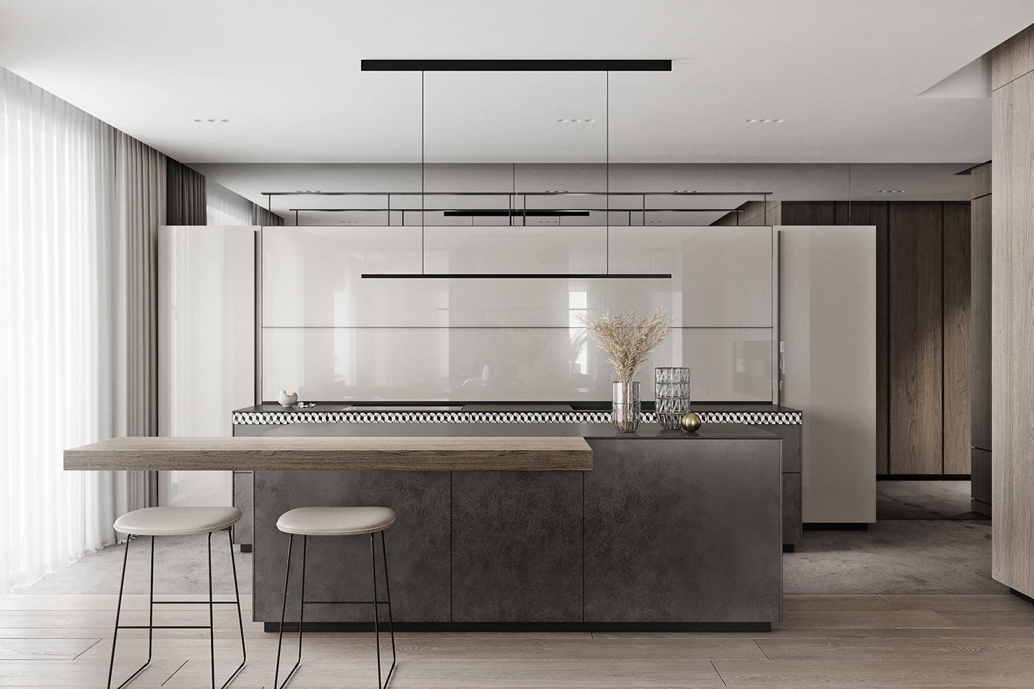 Kitchen Cabinet with Island Gray Finish Reflective Modern Design Cabinet