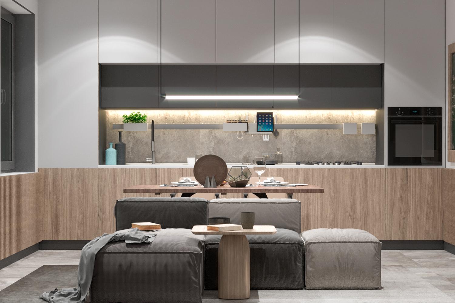 Kitchen Cabinet with Modern Visual Appeal Textured Veneer Finish Unique Design Kitchen Set