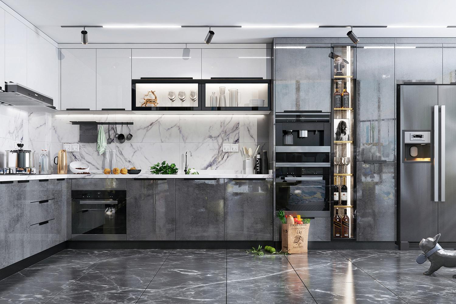 Kitchen Cabinet Dark Gray Lacquer Finish Modern Layout Minimalist Kitchen Cupboard