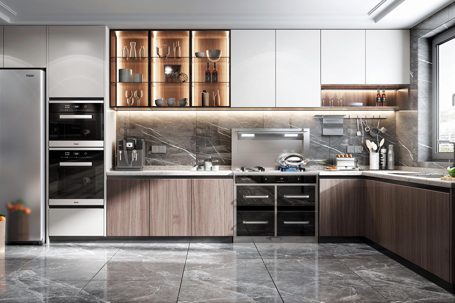 Kitchen Cabinet Soft Veneer Finish Modern Layout Convenient Design Cabinet