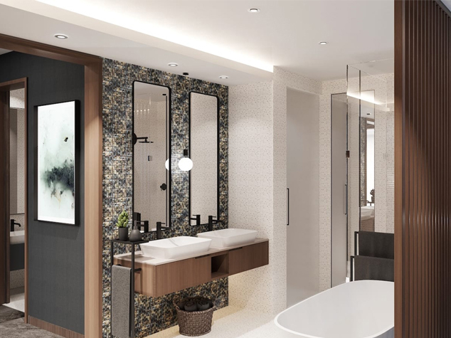 Project case image for the Welnest Resort hotel project in Mauritius. The image features the guest room’s bathroom area, showcasing sleek modern fixtures, elegant cabinetry, and high-end finishes. The design emphasizes luxury and relaxation, combining clean lines, natural materials, and a soothing color palette to create a spa-like atmosphere for guests.