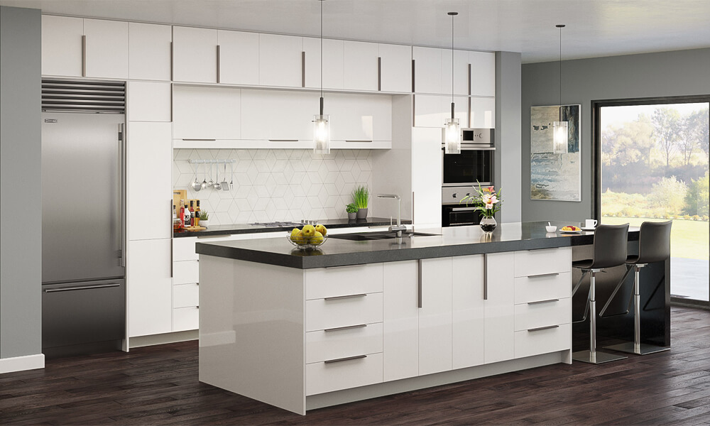 Kitchen Cabinets Modern White Lacquer Finish Handleless Functional Layout Ample Space for Contemporary Homes