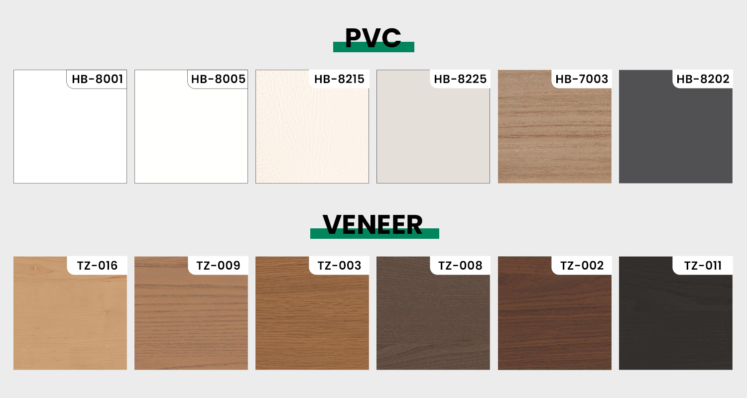 A sample board displaying PVC and veneer color options. The PVC section includes HB-8001 (pure white), HB-8005 (off-white), HB-8215 (textured cream), HB-8225 (light gray), HB-7003 (light wood tone), and HB-8202 (dark gray). The veneer section shows TZ-016 (light wood), TZ-009 (medium wood), TZ-003 (warm oak), TZ-008 (dark brown wood), TZ-002 (reddish wood), and TZ-011 (almost black wood).