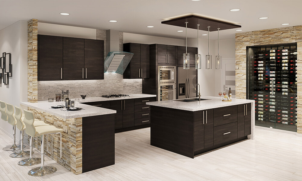 A modern L-shaped kitchen featuring dark wood veneer cabinets and a sleek white marble countertop. The design includes a spacious central island, providing additional counter space and functionality. The kitchen is fully equipped with all necessary appliances, offering both style and practicality for a contemporary cooking environment.