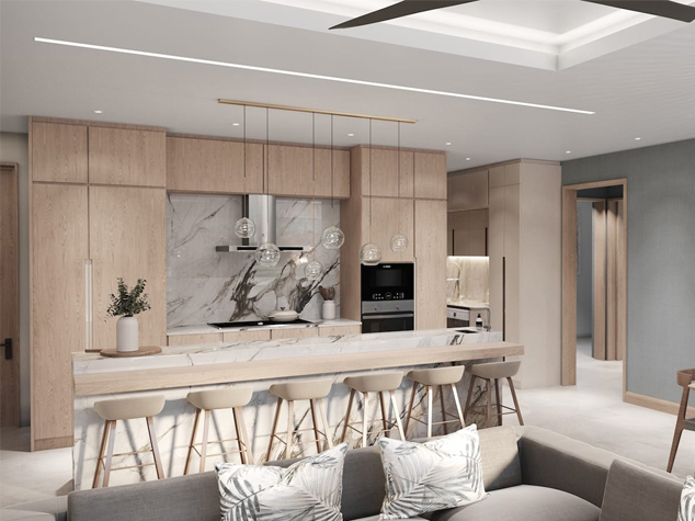 Project case image for the Welnest Resort hotel project in Mauritius. The image features a luxurious guest room interior with a sleek wood veneer one-wall cabinet and a central island. The design blends natural textures with modern aesthetics, creating an elegant, functional, and inviting space that offers both comfort and sophisticated style for guests.