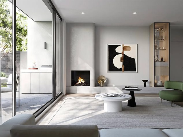 Project case image for the Alma Village apartment development in Australia. The image showcases a modern living room with stylish furnishings, soft neutral tones, and elegant decor. The space features a bright, open layout with comfortable seating and contemporary design elements, creating a warm and inviting atmosphere for residents.