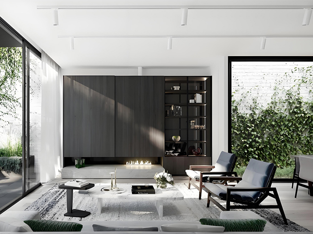 Project case image for the Rathmines Road villa project in Australia. The image features a sophisticated living room with modern furnishings, warm neutral tones, and elegant decor. The open and airy layout, combined with stylish seating and contemporary design details, creates a luxurious and inviting atmosphere for residents.
