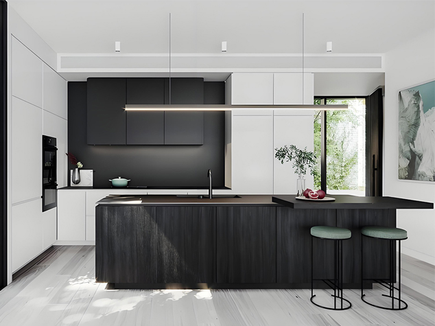Project case image for the Rathmines Road villa project in Australia. The image features a sophisticated scene with dark wood veneer cabinetry, showcasing rich textures, sleek design, and high-quality craftsmanship. The deep tones of the cabinetry add warmth and elegance to the space, creating a luxurious and contemporary atmosphere within the villa.