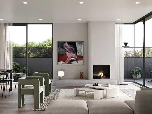 Project case image for the Alma Village apartment development in Australia. The image features a contemporary living room with modern furniture, soft lighting, and a neutral color palette. The open and airy layout, combined with elegant decor and comfortable seating, creates a sophisticated and welcoming atmosphere for residents.