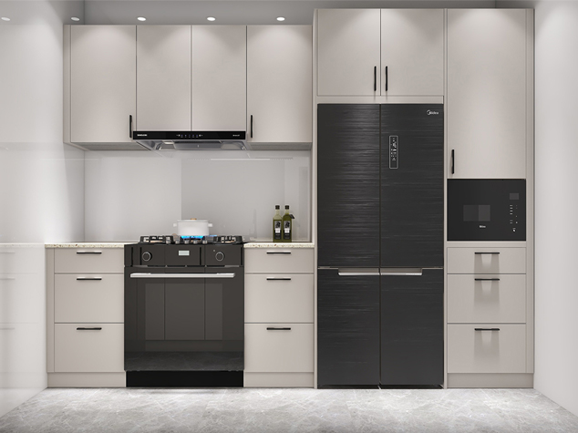 Project case image for the Racine Vaudreuil hotel apartment project in Canada. The image showcases a stylish one-wall kitchen featuring sleek gray lacquered cabinetry. The modern design emphasizes clean lines, high-quality finishes, and a minimalist aesthetic, creating a sophisticated and functional cooking space within the hotel apartment.