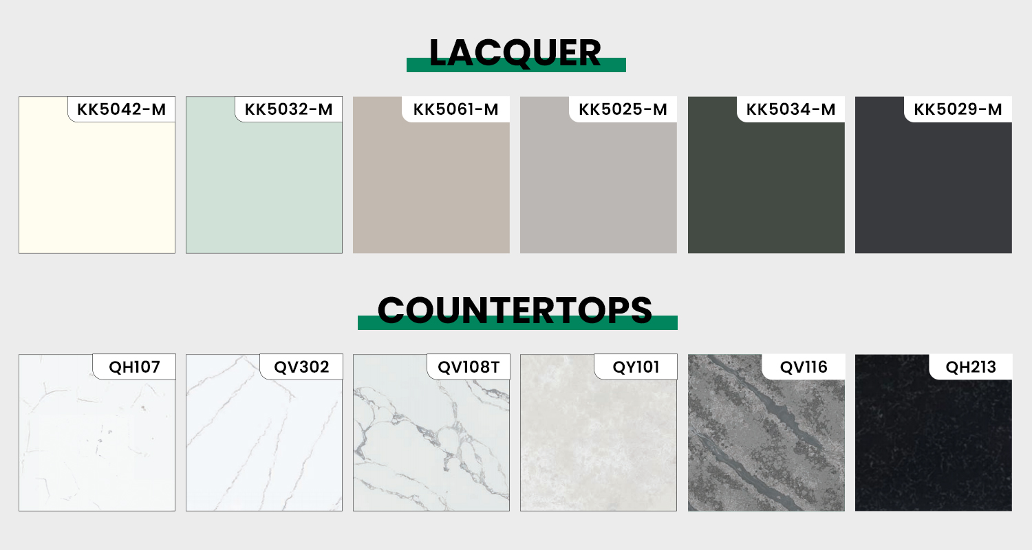 A sample board showing lacquer and countertop color options. The lacquer section includes KK5042-M (off-white), KK5032-M (pastel green), KK5061-M (taupe), KK5025-M (light gray), KK5034-M (dark green), and KK5029-M (charcoal gray). The countertop section features QH107 (white with subtle veins), QV302 (white with light gray veins), QV108T (white with bold gray veining), QY101 (solid light beige), QV116 (gray with dark marble pattern), and QH213 (black with light veining).