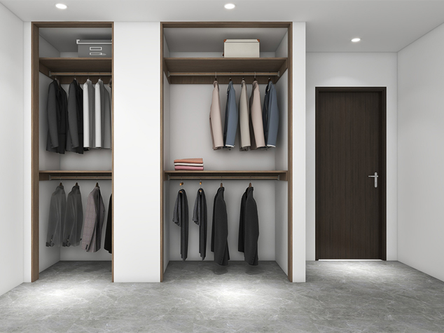 Project case image for the Racine Vaudreuil hotel apartment project in Canada. The image features a sleek and modern wardrobe design, showcasing high-quality materials and a spacious interior. The wardrobe offers ample storage space with a clean, minimalist aesthetic, blending functionality with sophisticated style in the hotel apartment.
