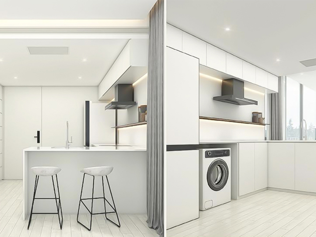 Project case image for an apartment project in Thailand. The image showcases a modern kitchen and laundry area with sleek cabinetry, integrated appliances, and a clean, functional layout. The design features light, neutral tones and efficient use of space, creating a stylish and practical environment for daily living.