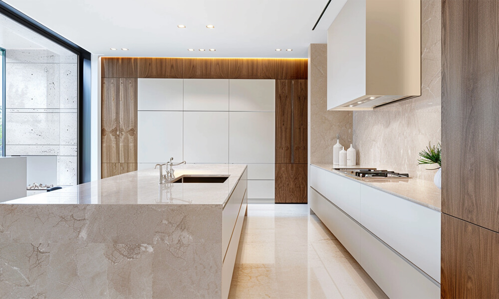 A modern one-wall kitchen featuring white cabinetry and a stunning marble central island. The sleek white surfaces and minimalist design create a bright, open atmosphere, while the marble island serves as an elegant focal point, blending functionality with sophisticated style.