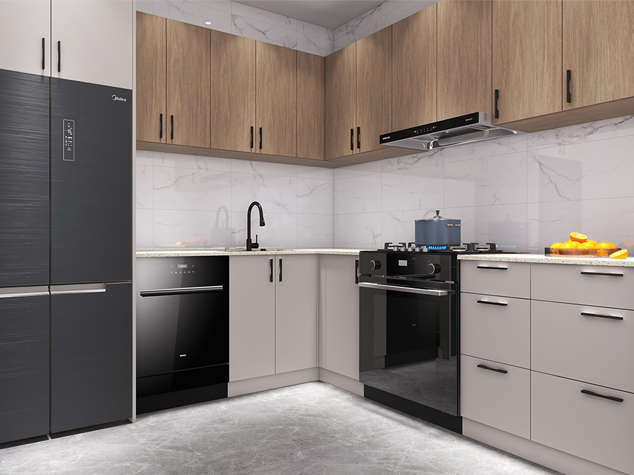 Project case image for the Racine Vaudreuil hotel apartment project in Canada. The image showcases an L-shaped kitchen featuring sleek gray lacquered cabinetry. The modern design focuses on clean lines and high-quality finishes, offering a spacious and functional cooking area with a sophisticated aesthetic, perfectly suited for the hotel apartment's contemporary style.