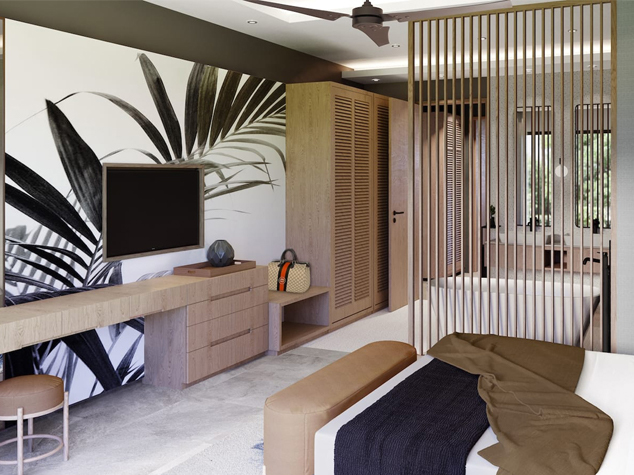 Project case image for the Welnest Resort hotel project in Mauritius. The image showcases a luxurious guest room interior featuring elegant furnishings, soft neutral tones, and contemporary design elements. The space offers a serene and inviting atmosphere, combining comfort and sophistication to create a relaxing retreat for guests.