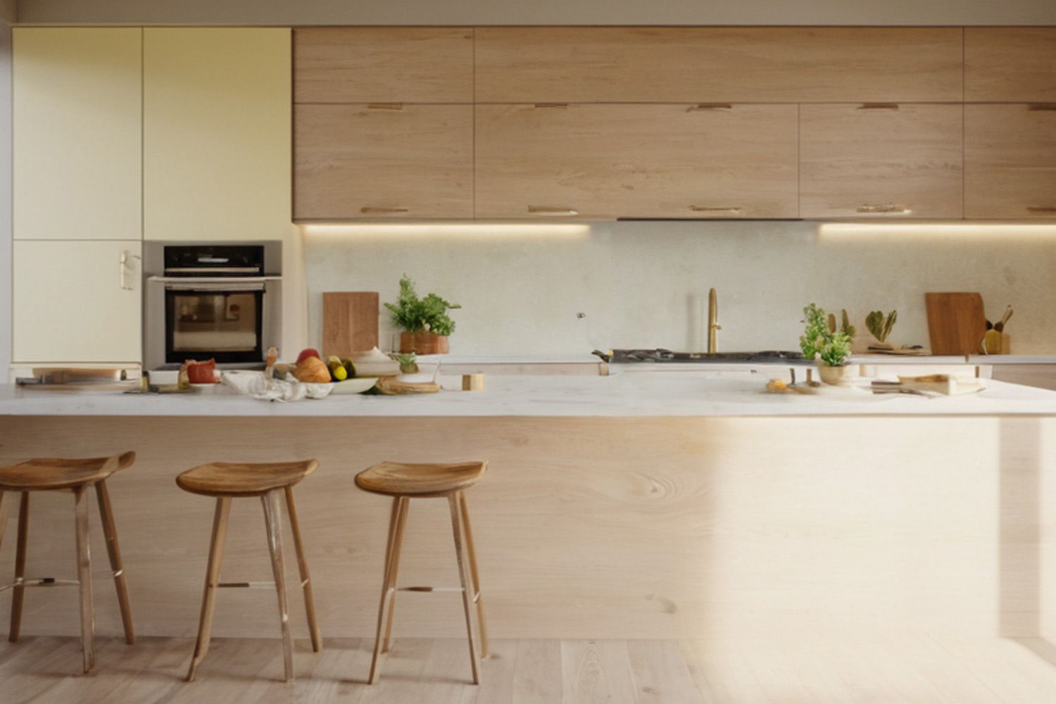 Stylish one-line kitchen design with premium wood veneer base cabinets and white lacquered upper cabinets, paired with a central island that enhances both functionality and aesthetics.