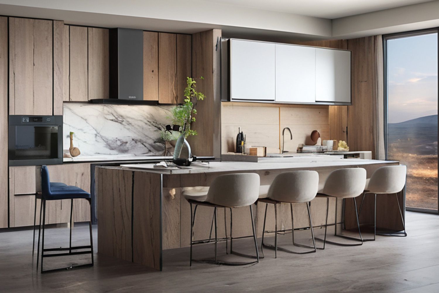 Kitchen Cabinet with Island Smooth Veneer Finish Modern Style Practical Cupboard