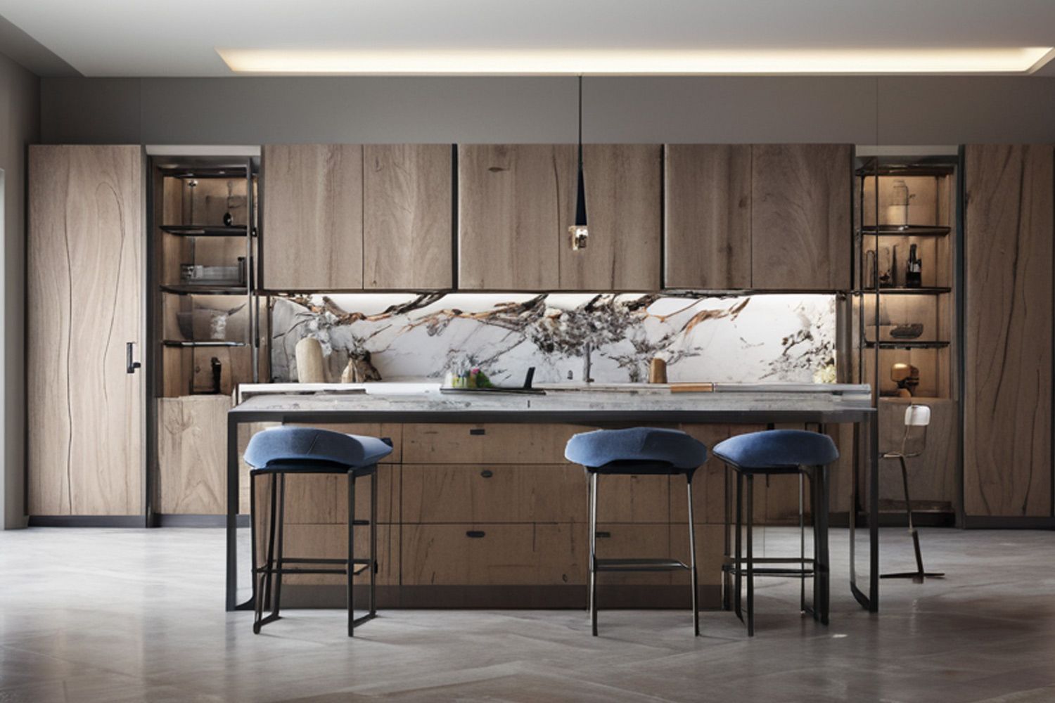 Stylish one-wall kitchen with luxurious wood veneer cabinets and a central island, creating a warm and functional space for cooking and entertaining.