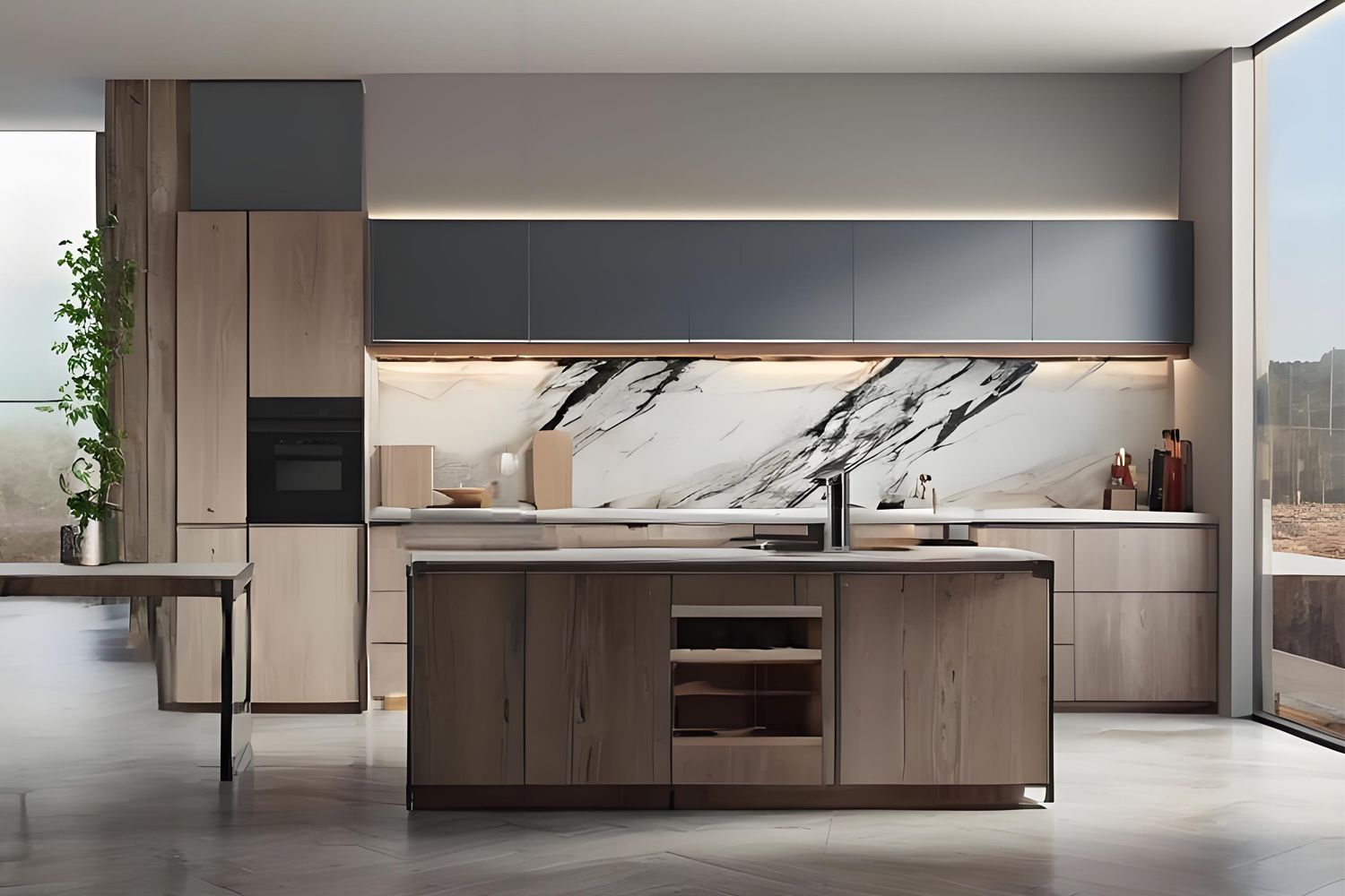 A sleek, contemporary kitchen design with premium wood veneer base cabinets and a central island, providing additional storage and workspace in a stylish layout.