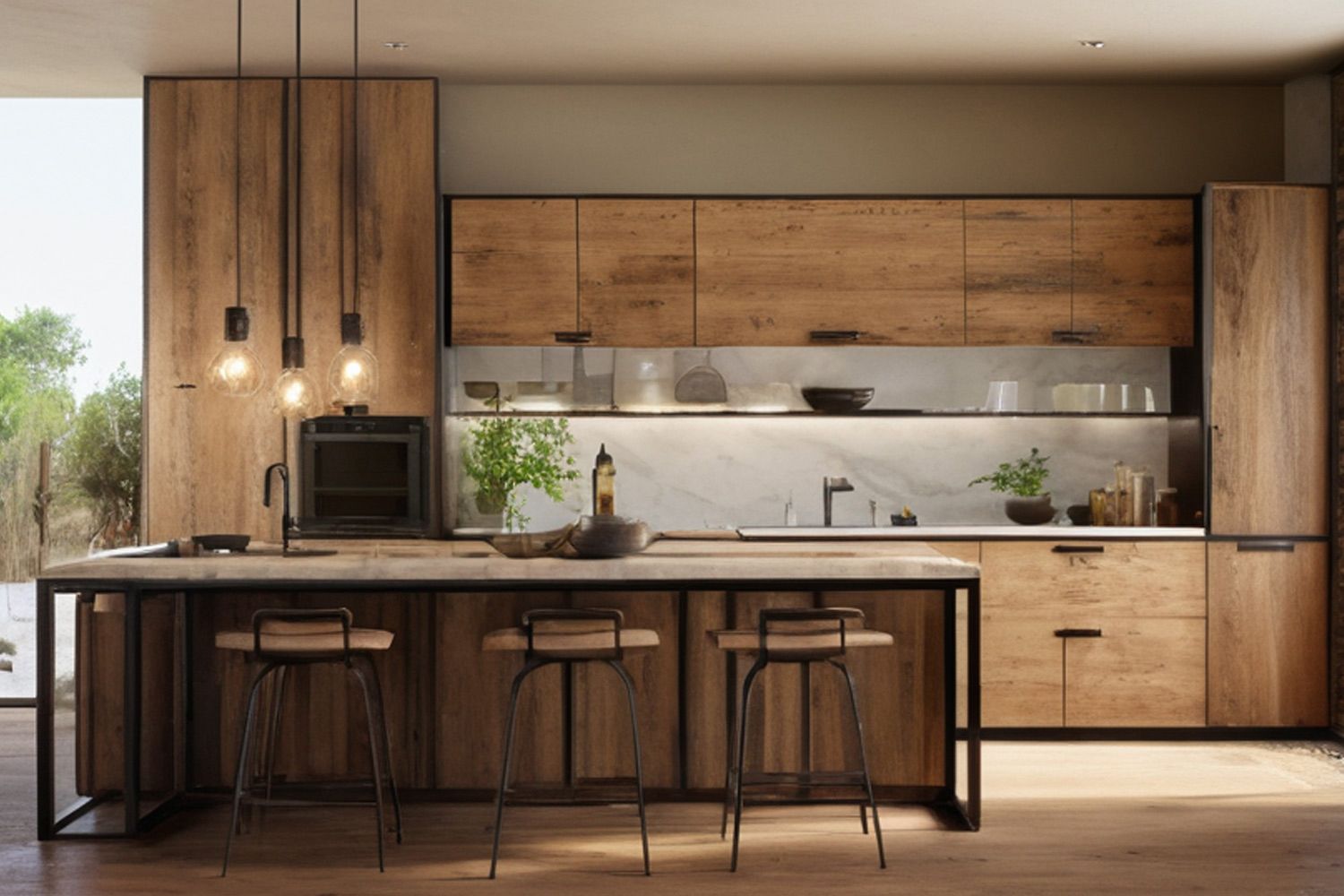A sophisticated one-wall kitchen featuring high-quality wood veneer cabinets and a central island, offering both elegance and functionality in a modern setting.