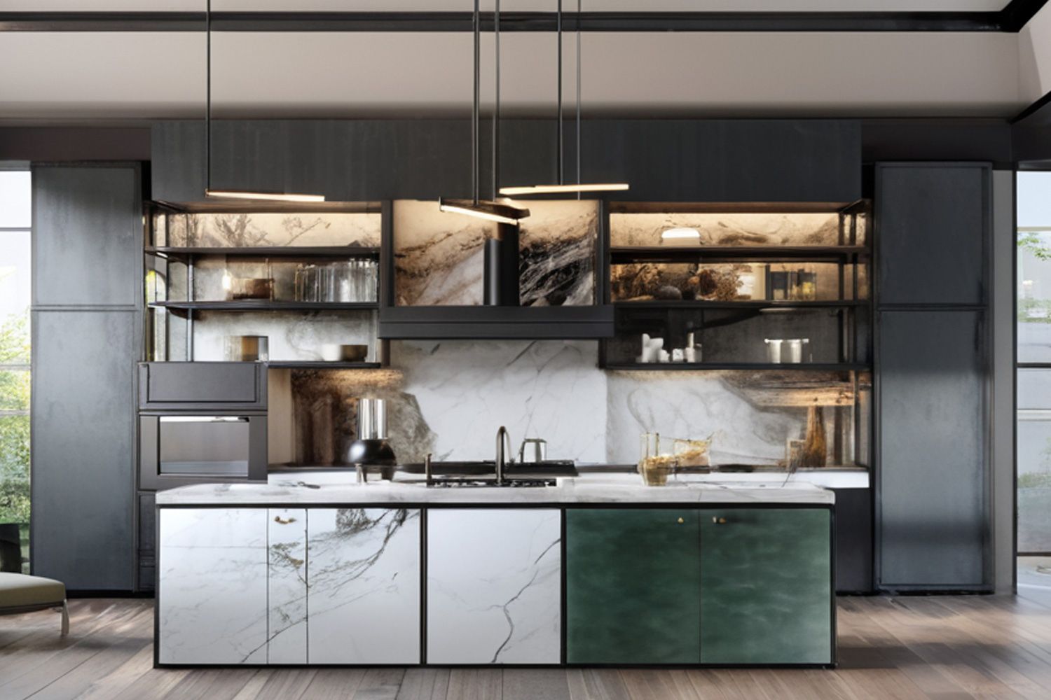 Modern Kitchen Cabinet with Island Matte Lacquer Finish Functional Cabinet
