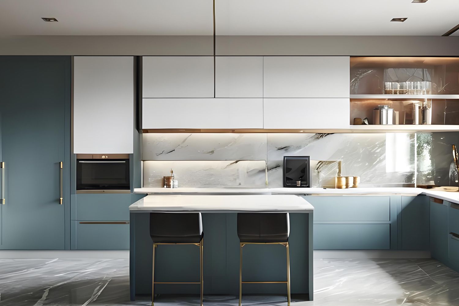 A stylish L-shaped kitchen featuring high-end blue lacquered cabinets and a central island, combining modern elegance with practical functionality.