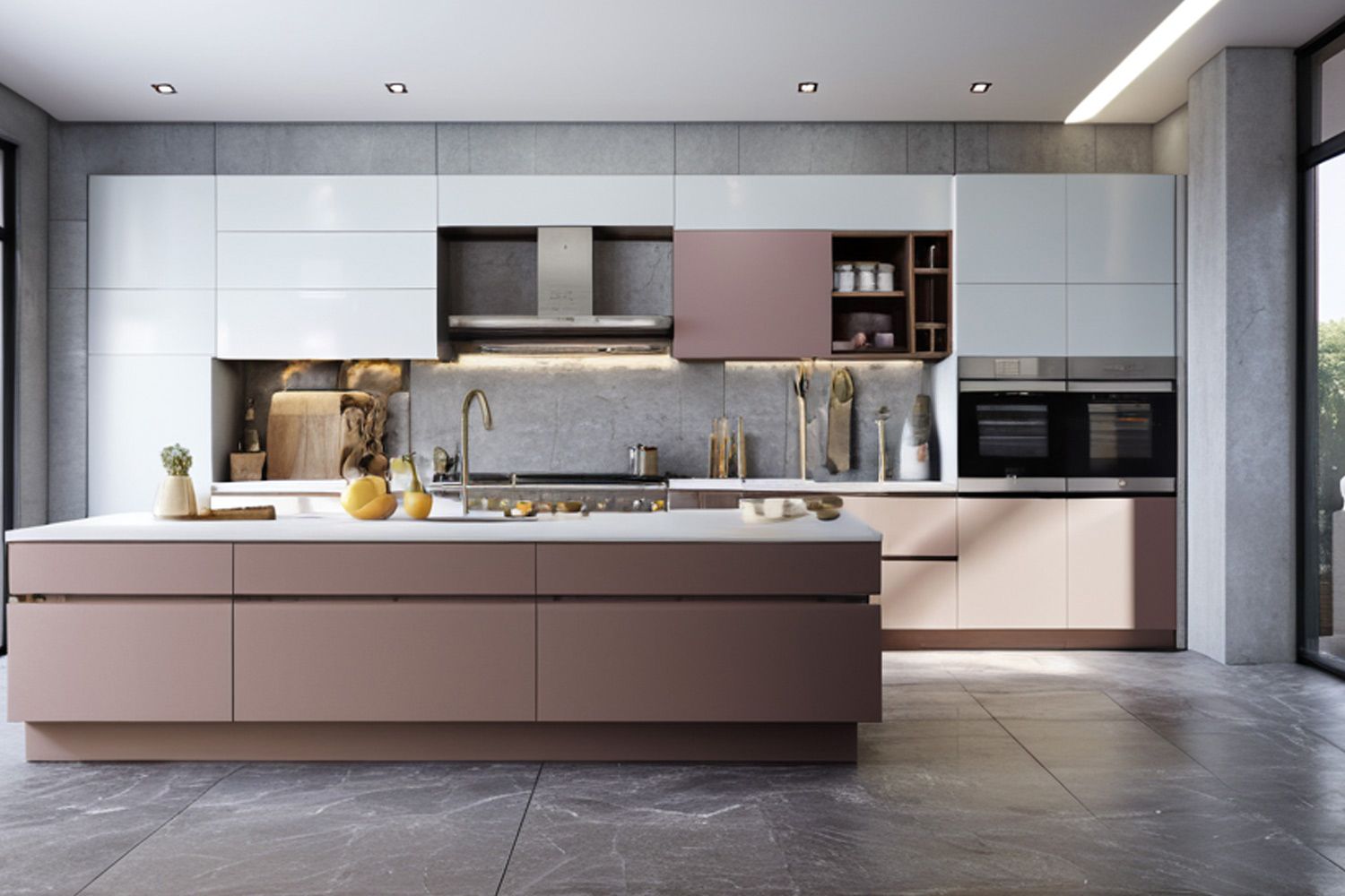A contemporary kitchen featuring premium lacquer-finished cabinets in a one-wall layout, complemented by a spacious central island for added prep space and seating.
