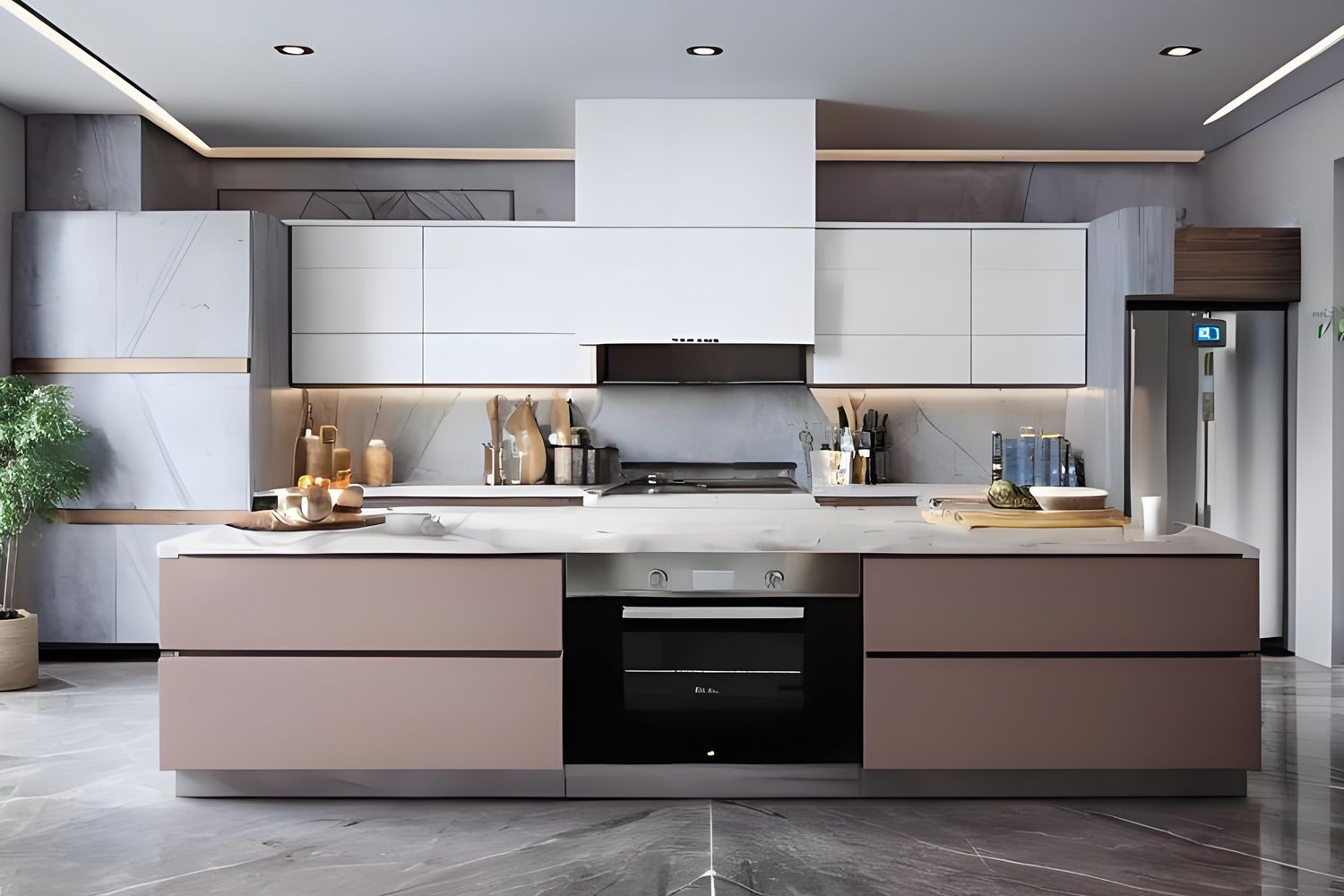 The image showcases a sleek one-wall kitchen with high-gloss lacquered cabinets and a central island, combining modern elegance with functional design.