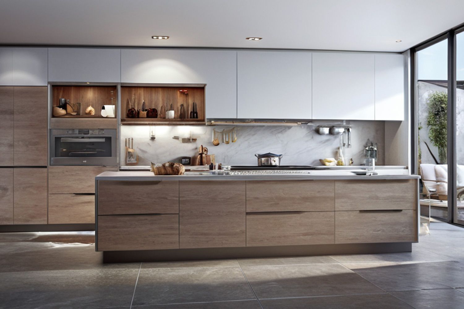 The image features a high-end one-wall kitchen with premium wood veneer cabinets and a central island. The natural wood grain adds warmth and sophistication, while the central island offers extra workspace and seating, creating a modern and functional kitchen space.