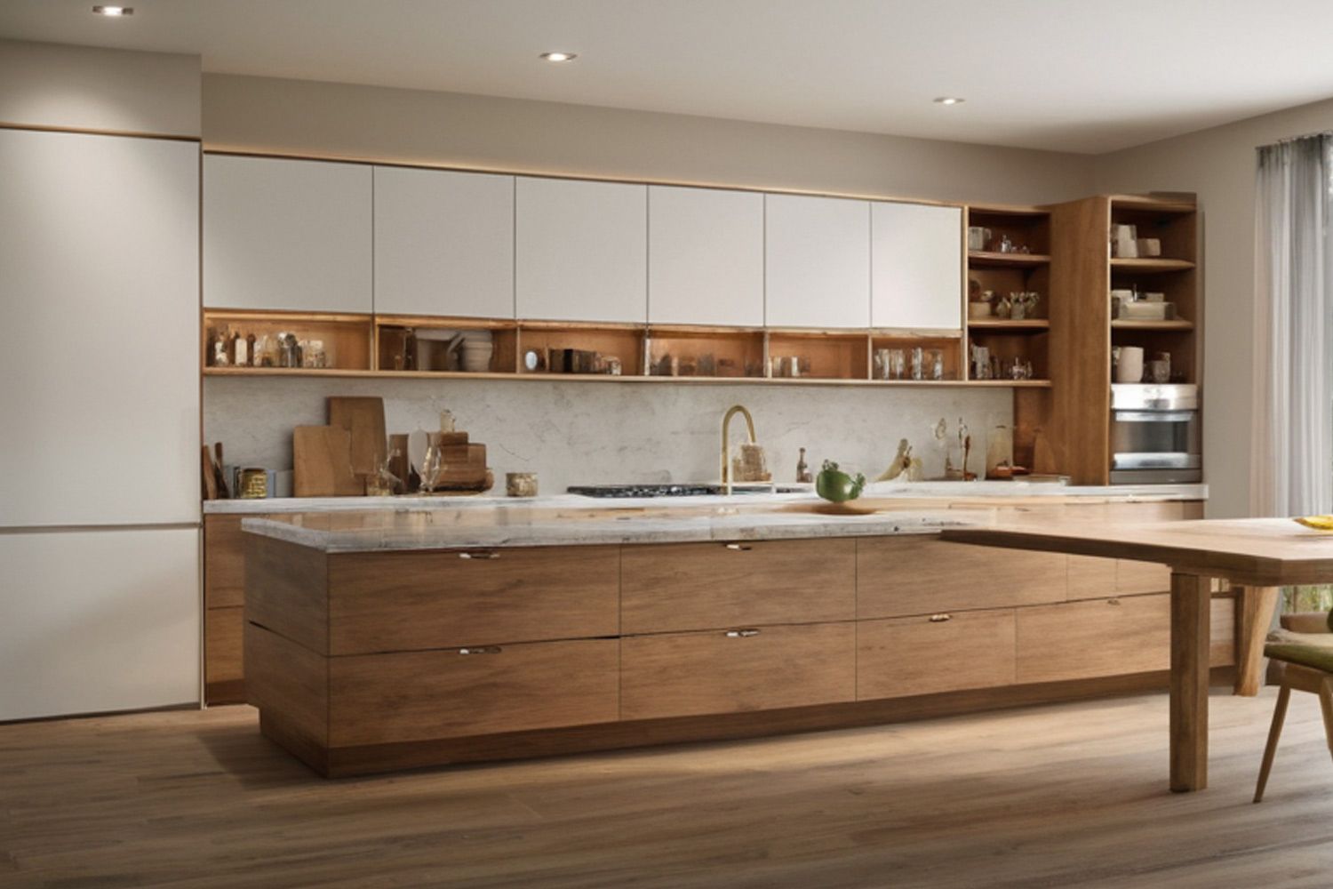 The image displays a one-wall kitchen featuring high-quality wood veneer base cabinets paired with sleek white lacquered upper cabinets and a central island. The combination of warm wood tones and crisp white finishes creates a sophisticated and contemporary look. The central island adds extra workspace and storage, enhancing both functionality and style in the modern kitchen design.