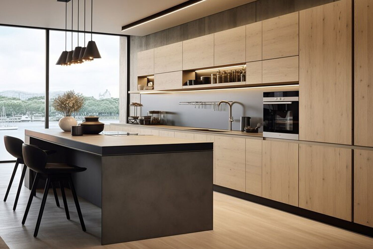 The image showcases a one-wall kitchen with high-quality wood veneer cabinets and a central island. The rich wood texture adds warmth and sophistication, while the central island provides extra workspace and storage. The overall design features clean lines and a modern aesthetic, combining functionality with timeless elegance.