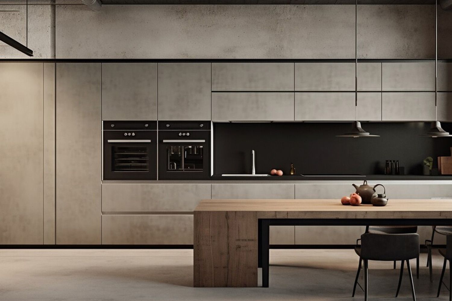 The image showcases a one-wall kitchen with high-quality gray lacquered cabinets and a central island. The sleek gray finish lends a sophisticated and modern touch to the space, while the central island adds extra workspace and storage. The clean lines and minimalist design create an elegant and functional kitchen environment.