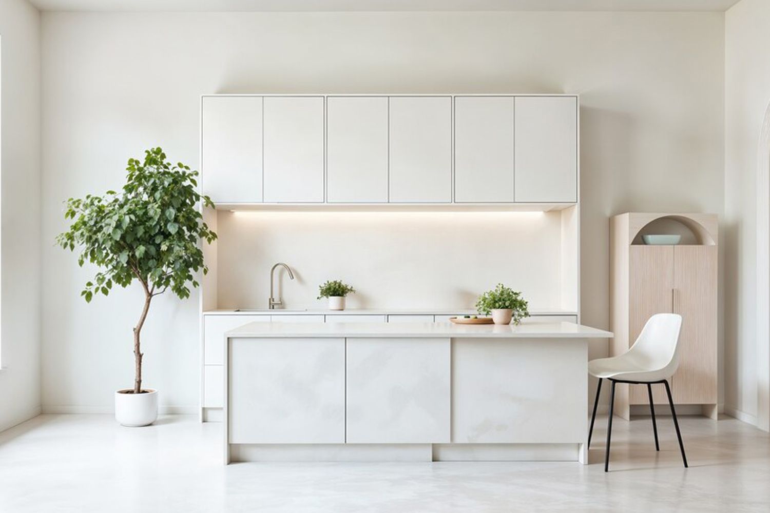 The image features a one-wall kitchen with high-quality wood veneer lower cabinets and white lacquered upper cabinets, complemented by a central island. The combination of warm wood tones and crisp white cabinetry creates a stylish and contemporary look. The central island provides additional workspace and storage, enhancing the kitchen’s functionality while maintaining a sleek, modern aesthetic.