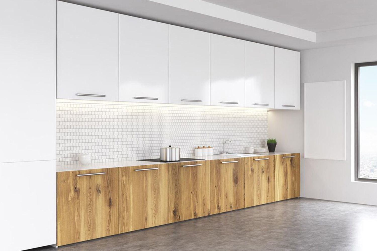 The image showcases a one-wall kitchen featuring high-quality wood veneer lower cabinets paired with sleek white lacquered upper cabinets. The combination of warm wood tones and crisp white finishes creates a balanced, modern aesthetic. The minimalist design, clean lines, and functional layout make this kitchen both visually appealing and practical for everyday use.