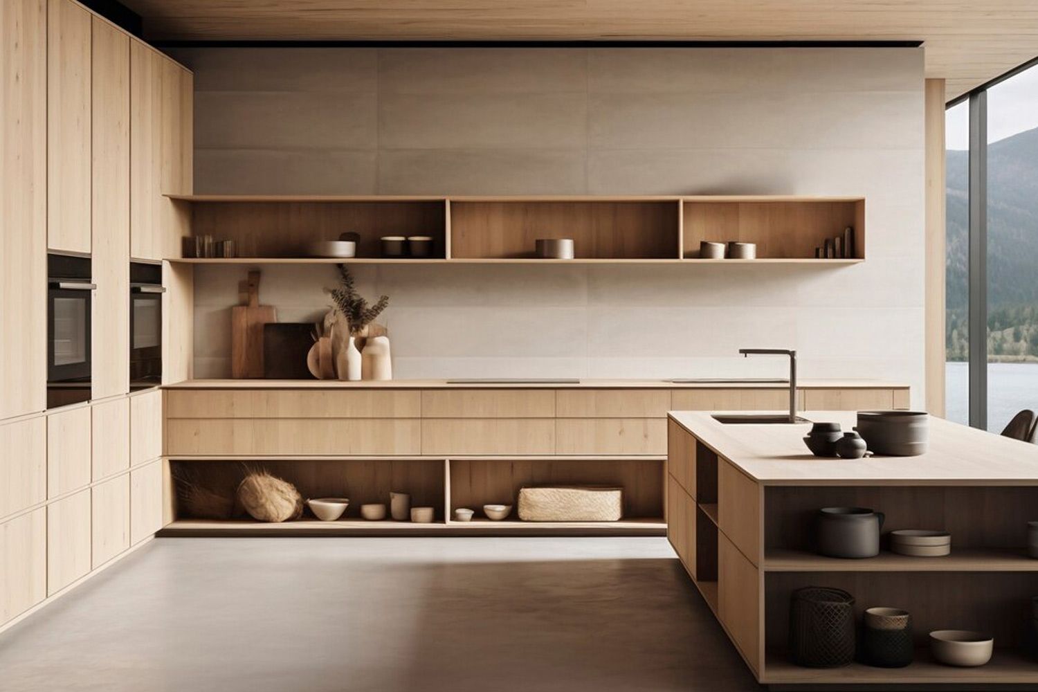 The image showcases a one-wall kitchen with premium wood veneer cabinetry. The high-quality wood finish exudes sophistication and warmth, creating an elegant and timeless look. The minimalist design and functional layout highlight both style and practicality, making this kitchen a perfect blend of modern aesthetics and everyday functionality.