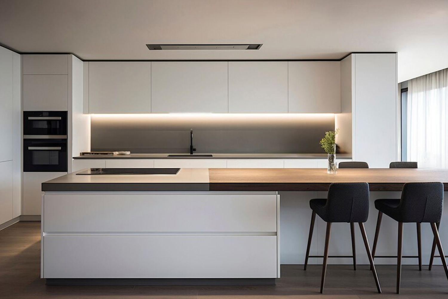 The image showcases an L-shaped kitchen featuring white lacquered cabinetry, complemented by a central island. The modern design emphasizes clean lines and a bright, open atmosphere, with the central island serving as both a functional workspace and a focal point for the kitchen. The sleek finishes and efficient layout create a stylish and practical cooking space.