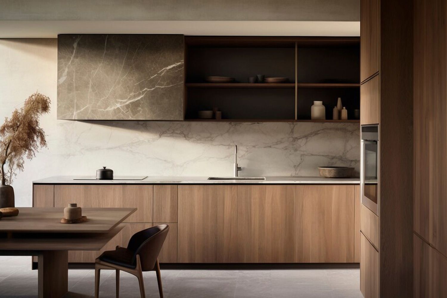The image showcases a one-wall kitchen with warm wood veneer cabinetry. The natural wood tones create an inviting and rustic atmosphere, while the clean, minimalist design enhances the overall aesthetic. The functional layout and high-quality finishes make this kitchen both stylish and practical for everyday use.