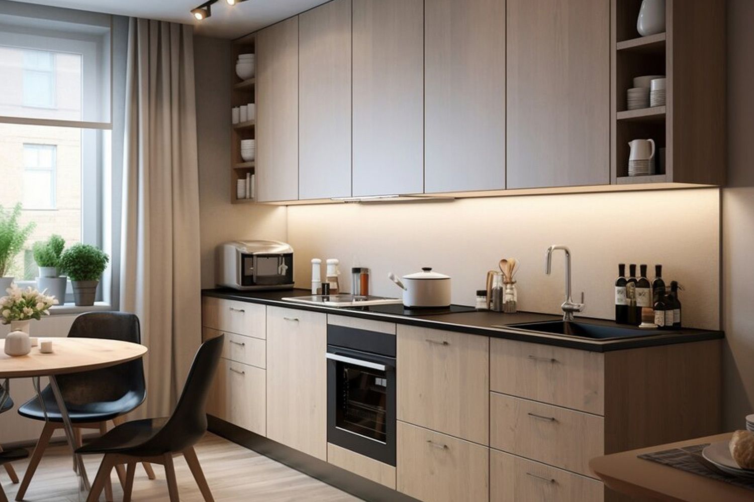 The image features a one-wall kitchen with high-quality wood veneer cabinetry. The rich, natural wood grain adds a touch of warmth and elegance, while the sleek, minimalist design creates a modern and refined atmosphere. The functional layout and premium finishes make this kitchen both visually appealing and practical for daily use.