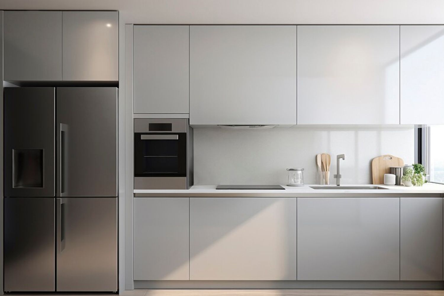The image features a modern one-wall kitchen with light gray lacquered cabinetry. The sleek, minimalist design emphasizes clean lines and a neutral color palette, creating a bright and airy atmosphere. The high-quality finishes and functional layout make this kitchen both stylish and practical for everyday use.