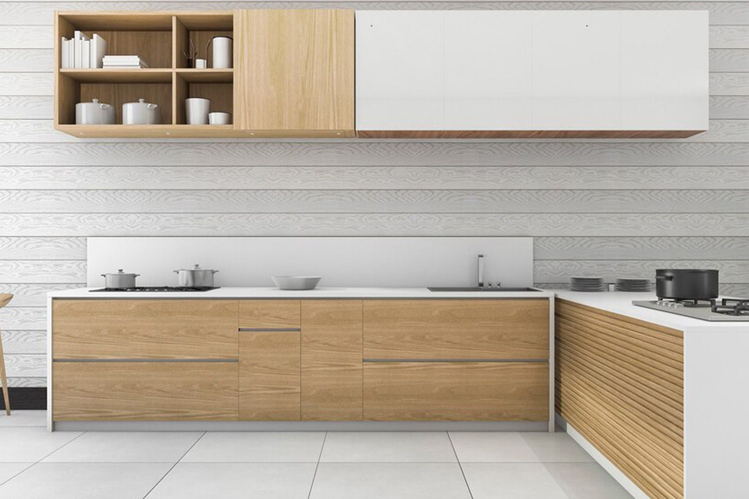The image showcases an L-shaped kitchen featuring a combination of wood veneer and white lacquered cabinetry. The design blends warm, natural wood tones with the crisp, clean look of white cabinetry, creating a balanced and inviting space. The layout maximizes functionality while offering a modern and stylish aesthetic, perfect for contemporary kitchens.